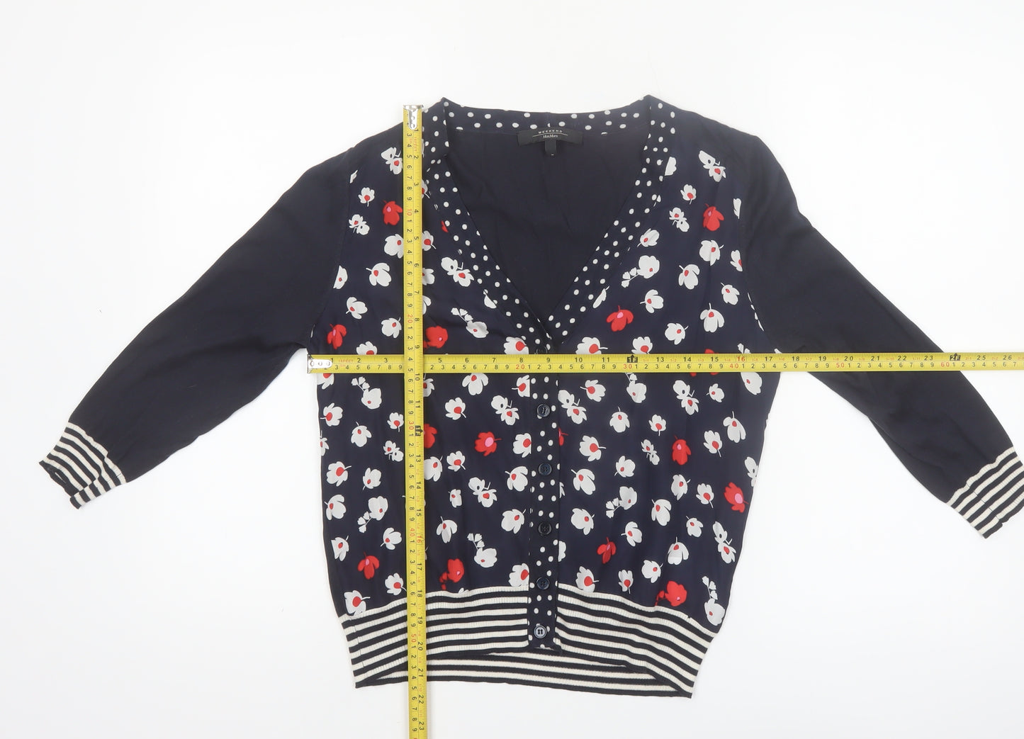 MaxMara Weekend Women's Blue Floral Knit Silk Cotton V-Neck Cardigan M