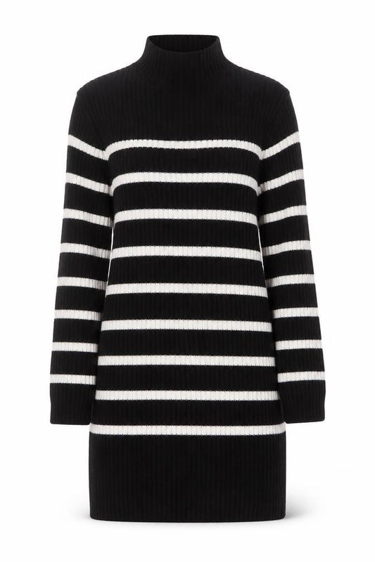 Front view of H&M Women’s Black Striped High Neck Long Sleeve Jumper Dress XS