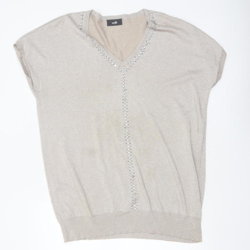 Wallis Womens Beige V-Neck Beaded Short Sleeve Jumper Size L