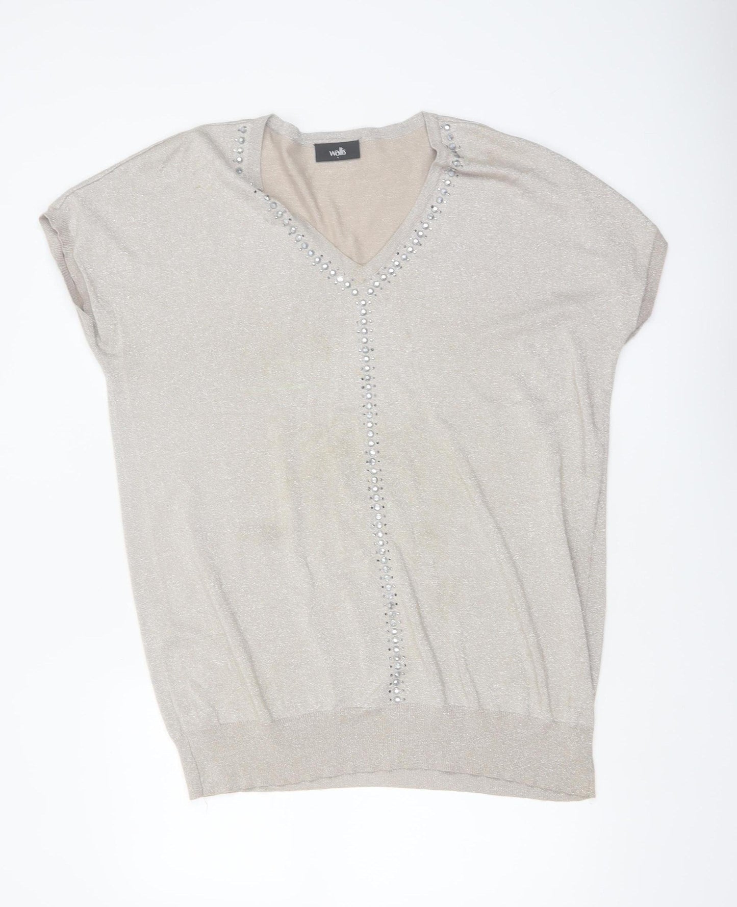 Wallis Womens Beige V-Neck Beaded Short Sleeve Jumper Size L