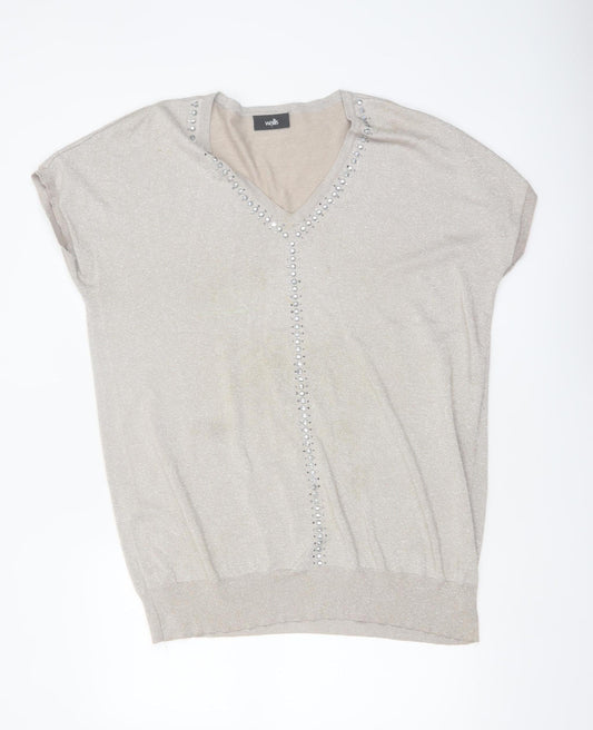 Wallis Womens Beige V-Neck Beaded Short Sleeve Jumper Size L