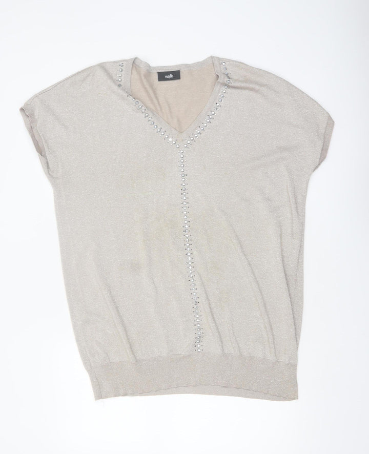 Wallis Womens Beige V-Neck Beaded Short Sleeve Jumper Size L
