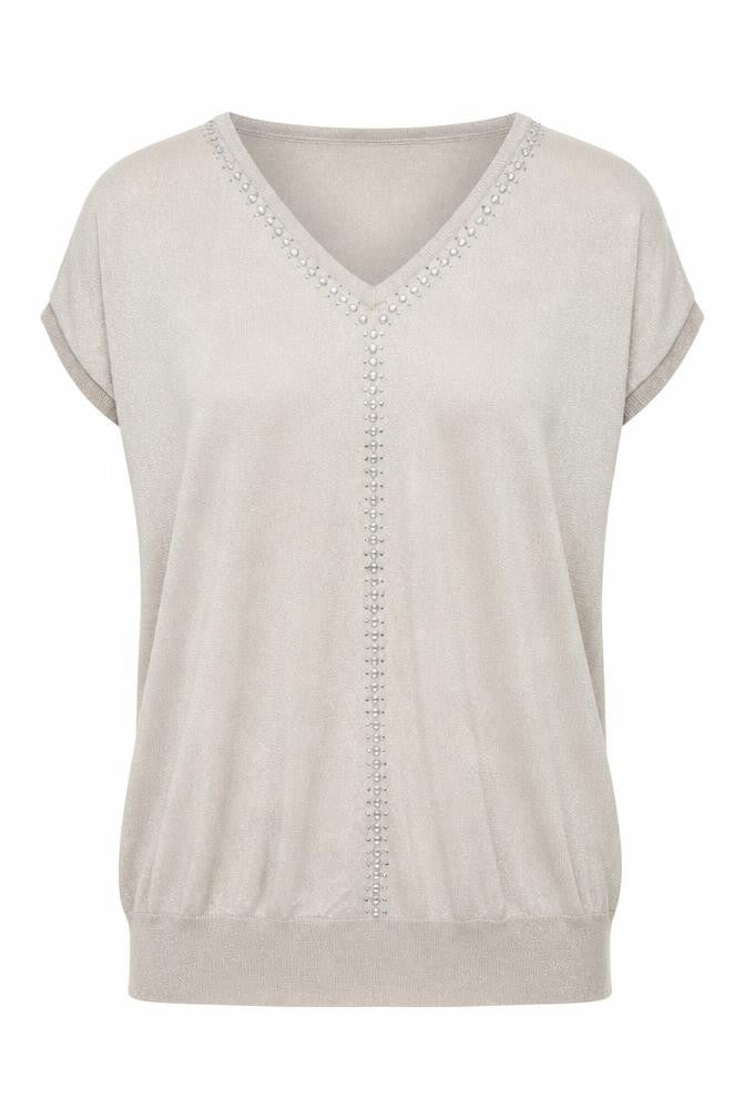 Wallis Womens Beige V-Neck Beaded Short Sleeve Jumper Size L