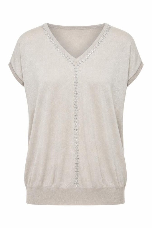 Front view of Wallis women’s beige v-neck beaded short sleeve jumper, size L
