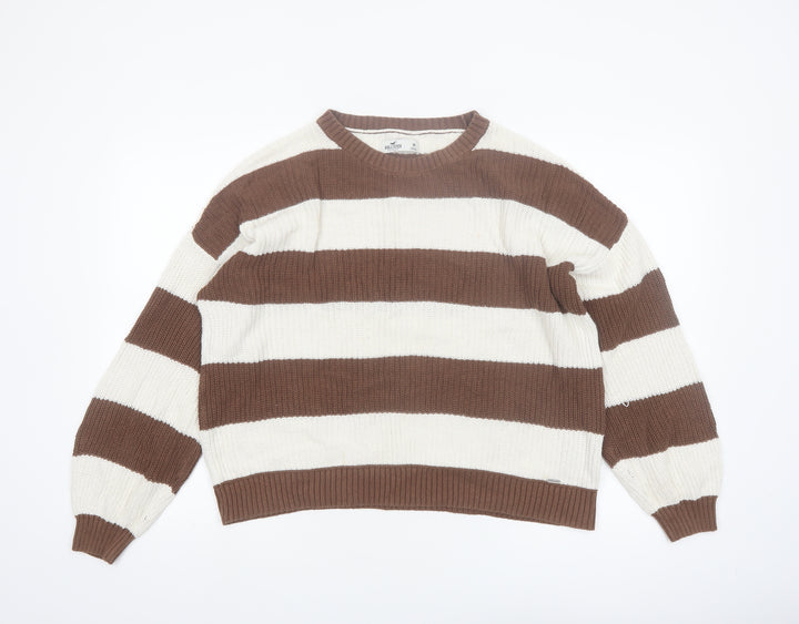 Hollister Women Brown & Ivory Striped Cotton Pullover Jumper M