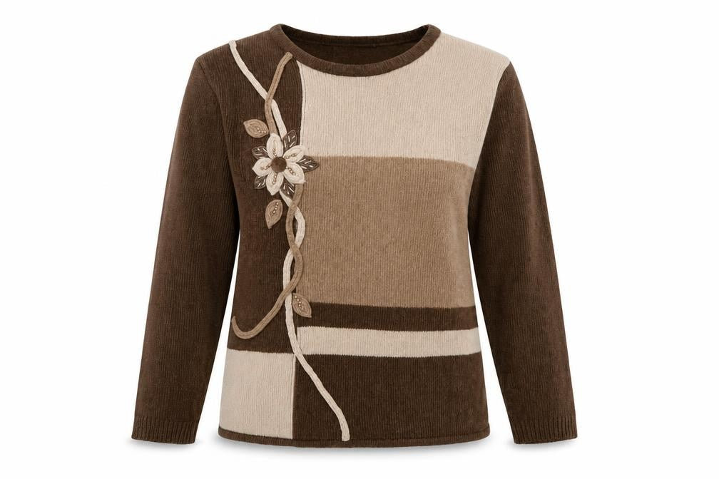 Front view of Autonomy Women’s Brown Geometric Embroidered Knit Jumper, size S
