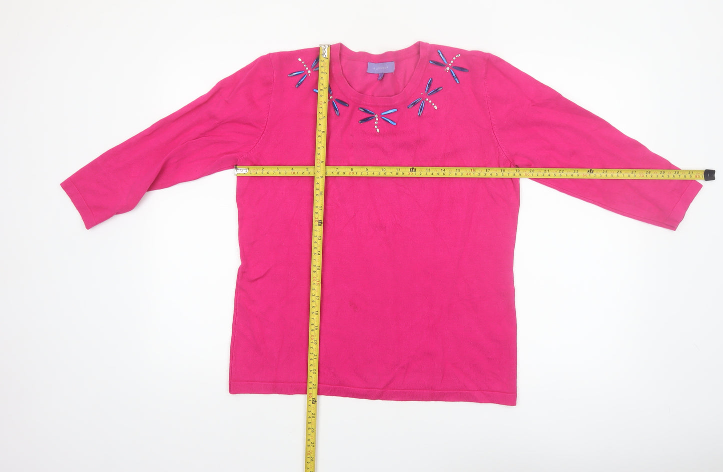 Autonomy Women's Pink Beaded 3/4 Sleeve Pullover Jumper M