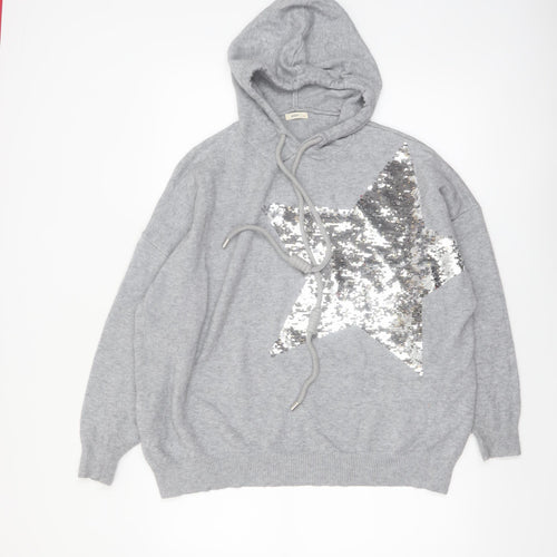 MOEWY Women’s Grey Sequin Star Hooded Pullover Jumper One Size