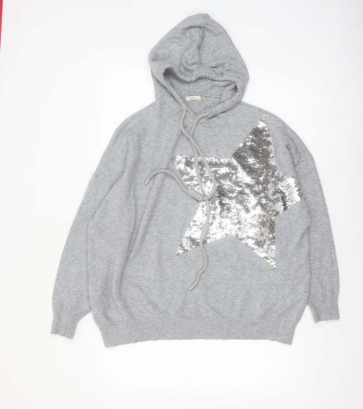 MOEWY Women’s Grey Sequin Star Hooded Pullover Jumper One Size