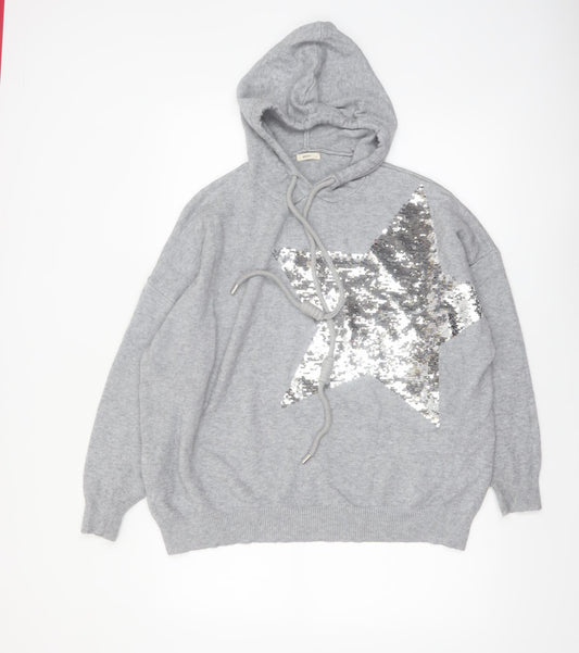 MOEWY Women’s Grey Sequin Star Hooded Pullover Jumper One Size