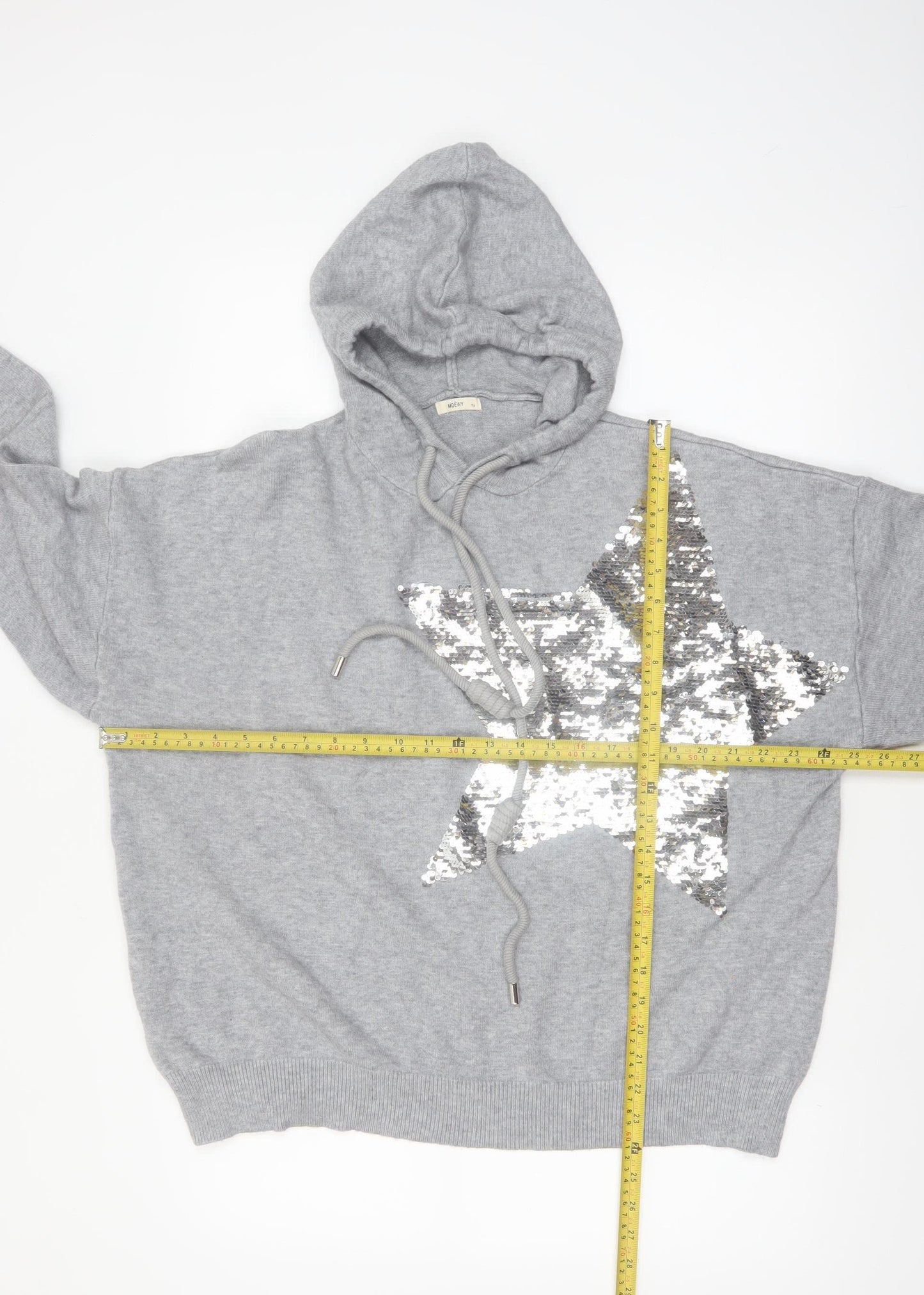 MOEWY Women’s Grey Sequin Star Hooded Pullover Jumper One Size