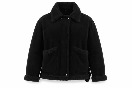 Front view of Topshop women’s black, size UK 8, shearling lined corduroy jacket