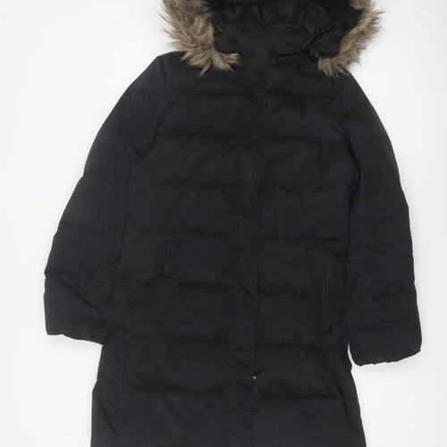 Down Collection Womens Black Long Puffer Coat Hooded Fur Trim Size S