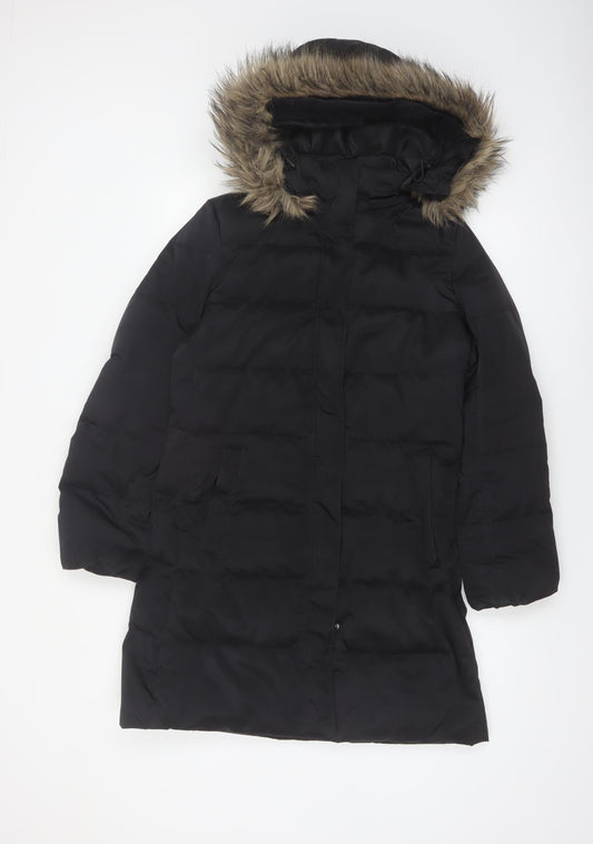 Down Collection Womens Black Long Puffer Coat Hooded Fur Trim Size S