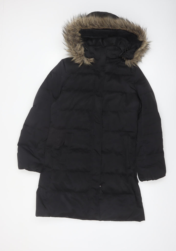 Down Collection Womens Black Long Puffer Coat Hooded Fur Trim Size S