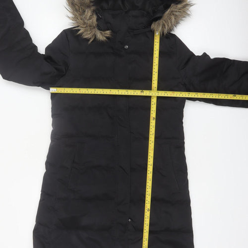 Down Collection Womens Black Long Puffer Coat Hooded Fur Trim Size S