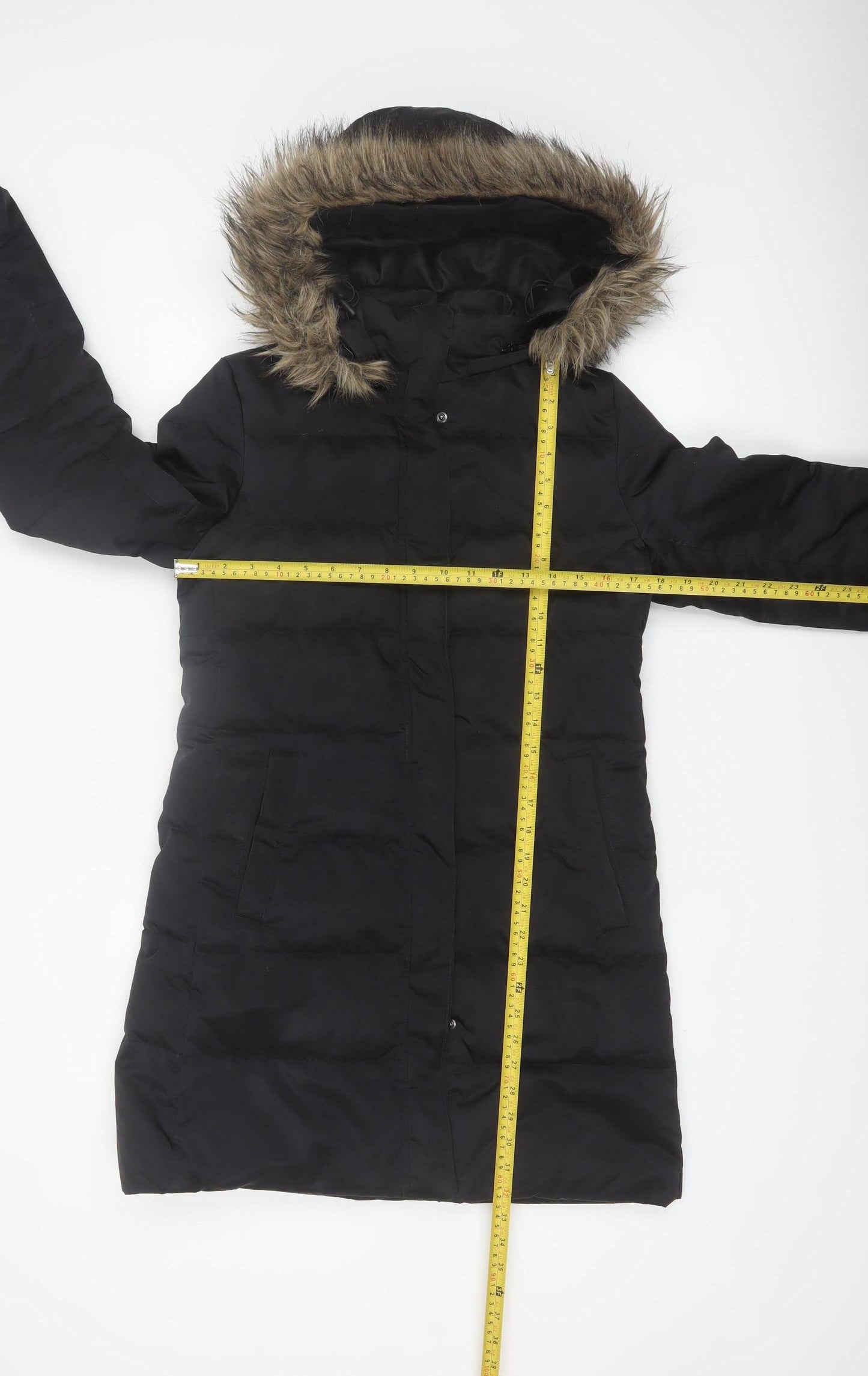 Down Collection Womens Black Long Puffer Coat Hooded Fur Trim Size S