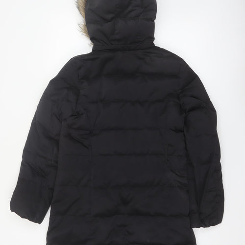 Down Collection Womens Black Long Puffer Coat Hooded Fur Trim Size S