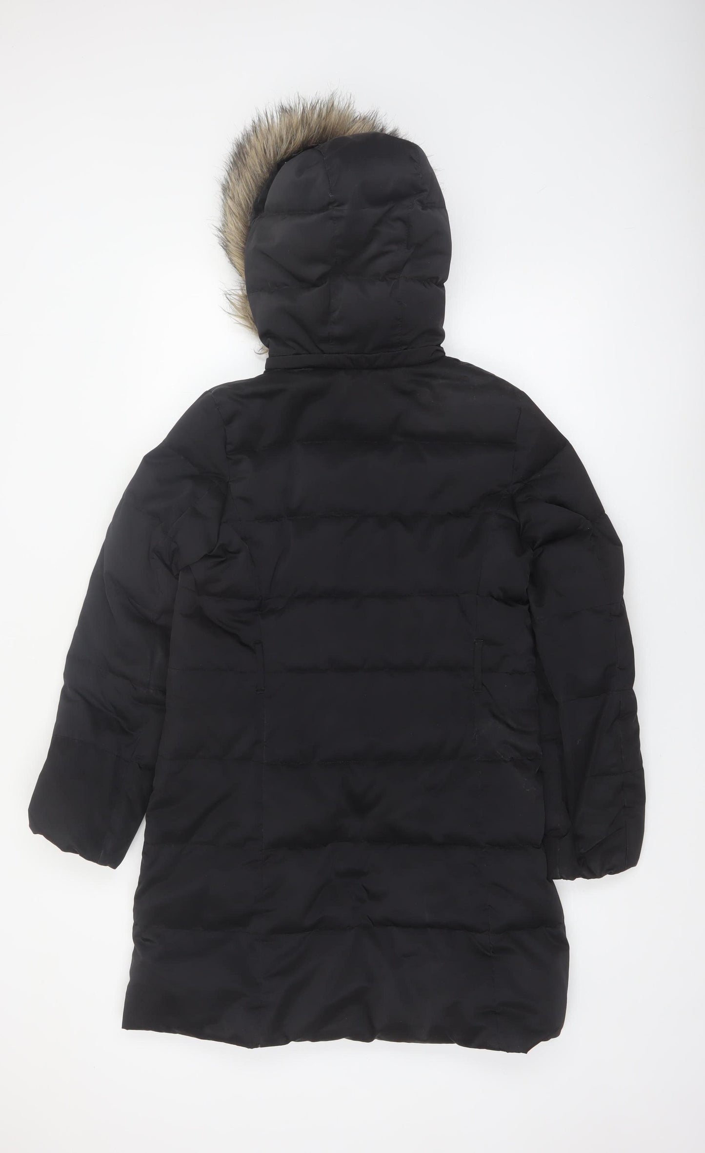 Down Collection Womens Black Long Puffer Coat Hooded Fur Trim Size S
