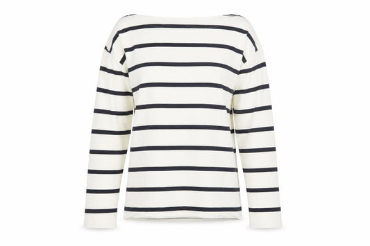 Front view of Zara Women White Striped Boat Neck Long Sleeve Pullover, size 8