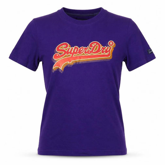 Front view of Superdry women’s purple logo t-shirt uk 8 short sleeve cotton top