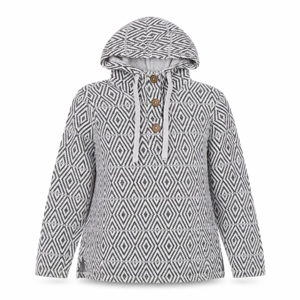 Front view of FatFace women’s grey geometric hoodie, size M, cotton blend