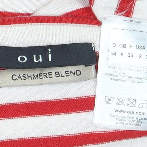 Oui Women Red Striped Boat Neck Cashmere Blend Long Sleeve Top Size 10