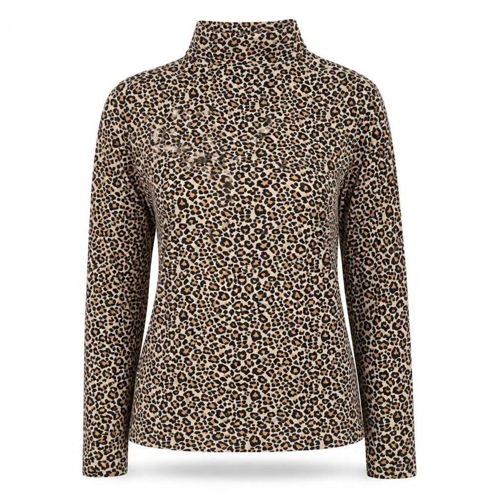 Front view of Peble Bay Women's Beige Leopard Print Roll Neck Long Sleeve Top, size M