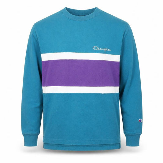 Front view of Champion Men's Blue Striped Retro Pullover Sweatshirt, size S