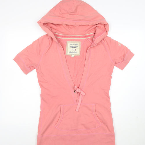 WHO.A.U Women Pink Cotton Short Sleeve Hooded Pullover M