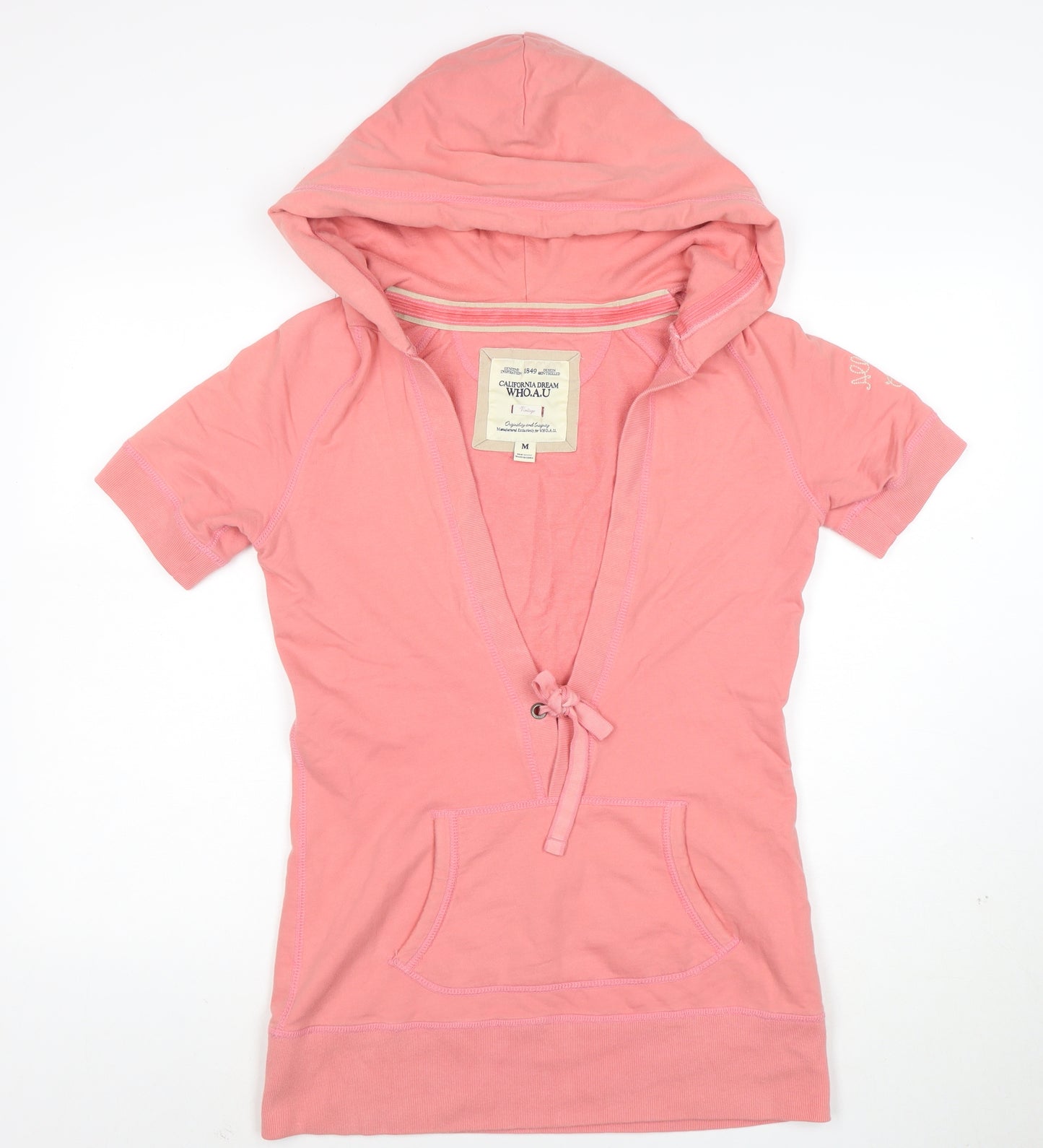 WHO.A.U Women Pink Cotton Short Sleeve Hooded Pullover M