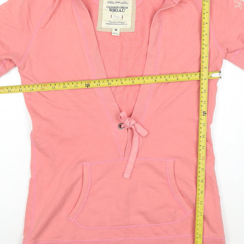 WHO.A.U Women Pink Cotton Short Sleeve Hooded Pullover M