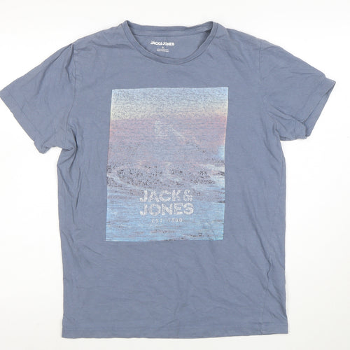 Jack & Jones Men's Blue Graphic Print Crew Neck Cotton T-Shirt Size M
