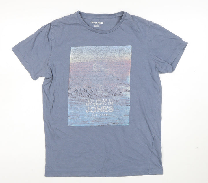 Jack & Jones Men's Blue Graphic Print Crew Neck Cotton T-Shirt Size M