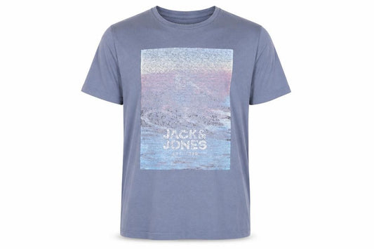 Front view of Jack & Jones Men's Blue Graphic Print Crew Neck Cotton T-Shirt, size M