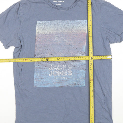 Jack & Jones Men's Blue Graphic Print Crew Neck Cotton T-Shirt Size M