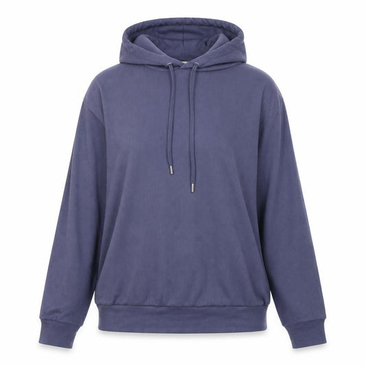 Front view of Oasis women’s blue ribbed hooded pullover sweatshirt, size M