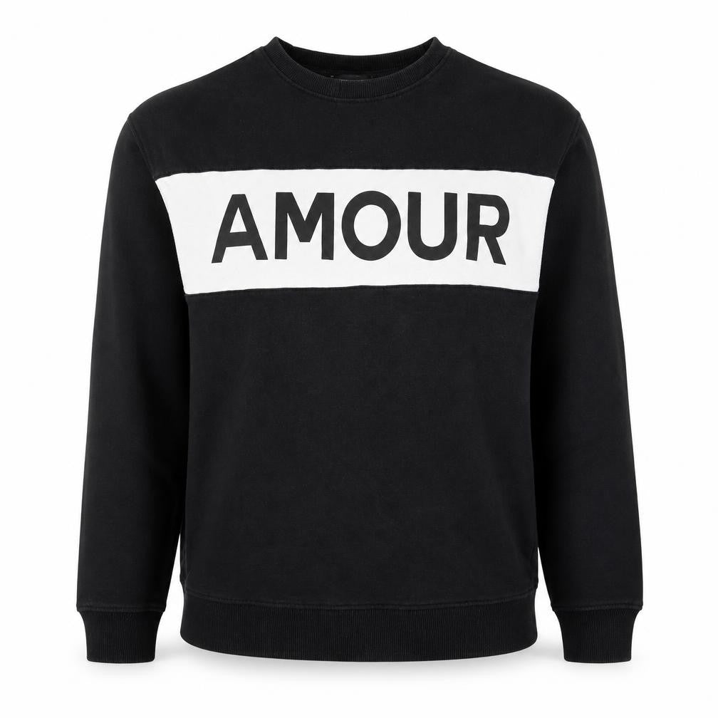 Front view of New Look women’s black sweatshirt, size S, amour graphic pullover