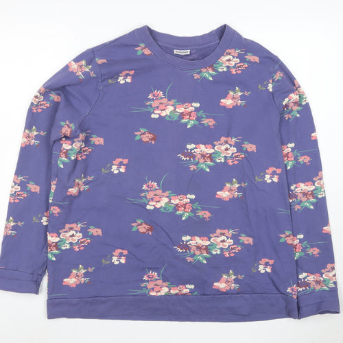 Damart Womens Blue Floral Pullover Sweatshirt L Long Sleeve Cotton Blend
