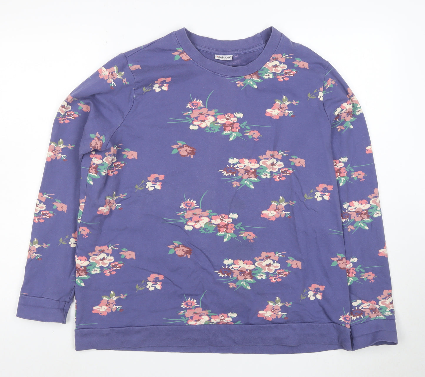 Damart Womens Blue Floral Pullover Sweatshirt L Long Sleeve Cotton Blend