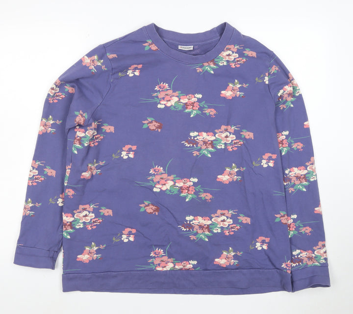 Damart Womens Blue Floral Pullover Sweatshirt L Long Sleeve Cotton Blend
