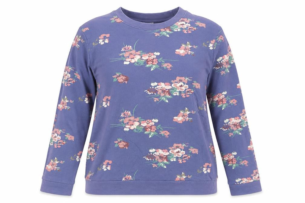 Front view of Damart women’s blue floral pullover sweatshirt l long sleeve cotton blend