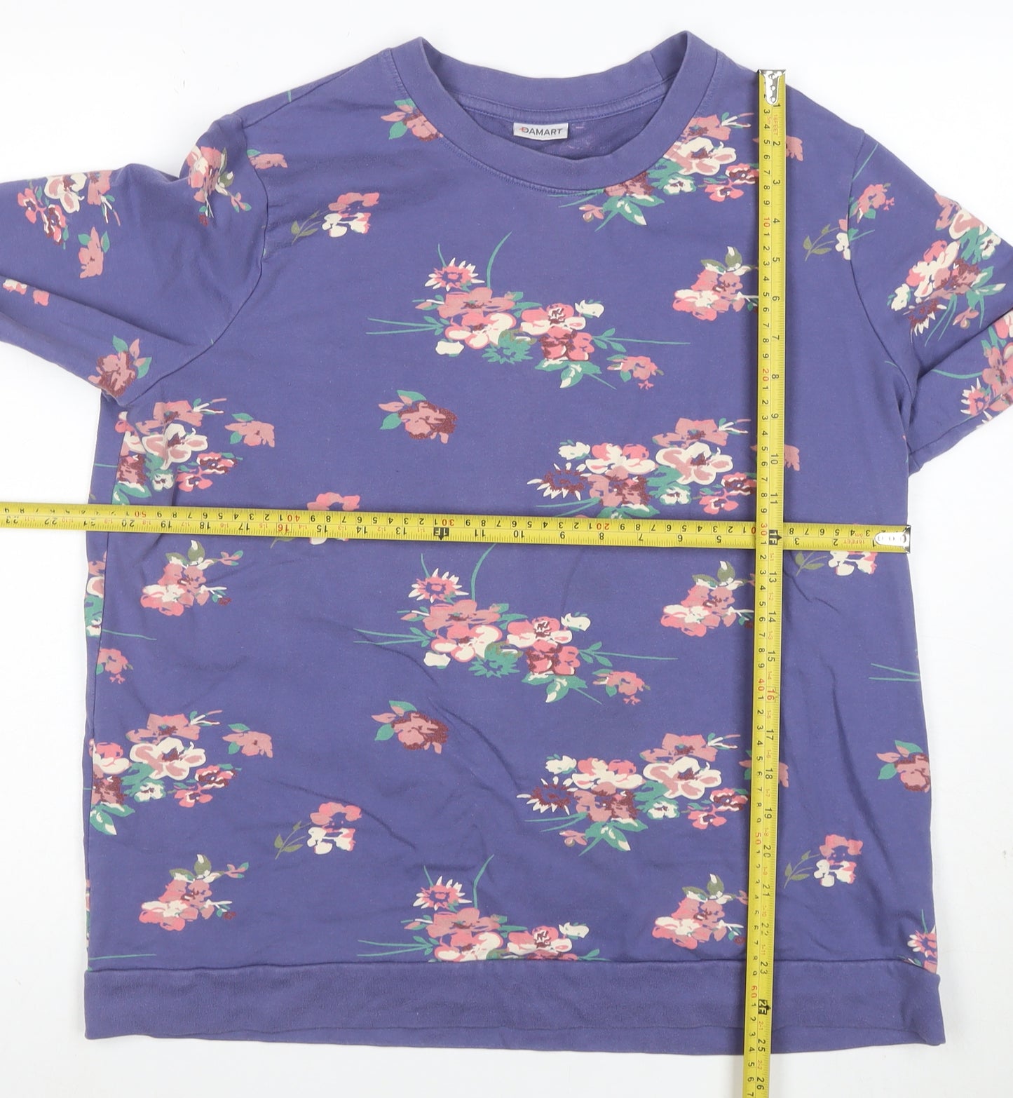 Damart Womens Blue Floral Pullover Sweatshirt L Long Sleeve Cotton Blend