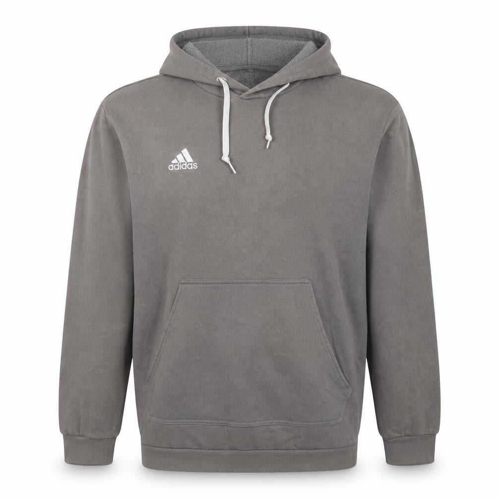 Front view of Adidas Men’s Grey Pullover Hoodie, size L, Regular Fit Logo Hooded Sweatshirt
