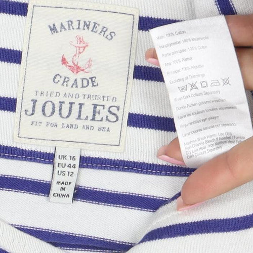 Joules Womens White Blue Striped 3/4 Sleeve Boat Neck Cotton Top UK 16