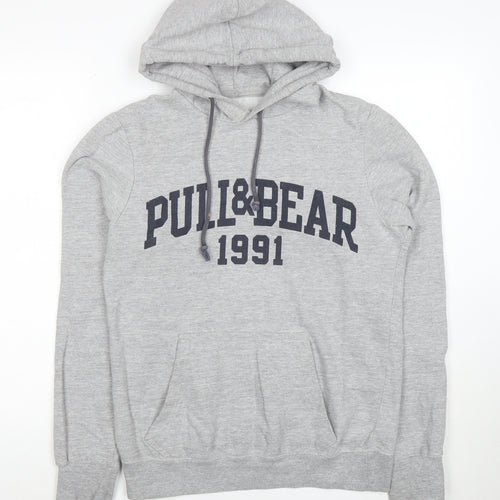 Pull&Bear Men Grey S Pullover Hoodie 1991 Graphic Logo Cotton Blend