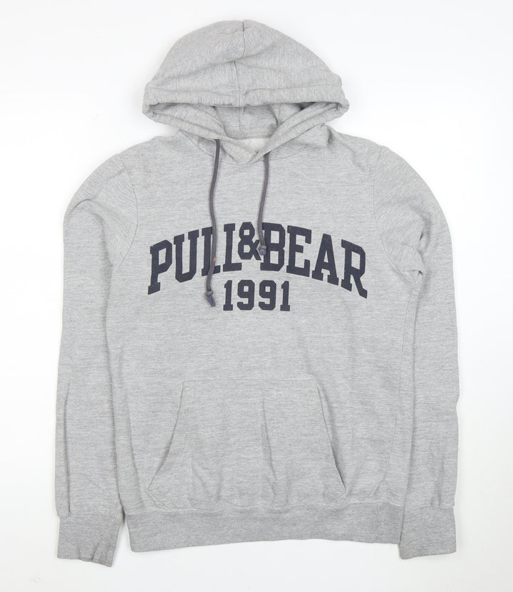 Pull&Bear Men Grey S Pullover Hoodie 1991 Graphic Logo Cotton Blend