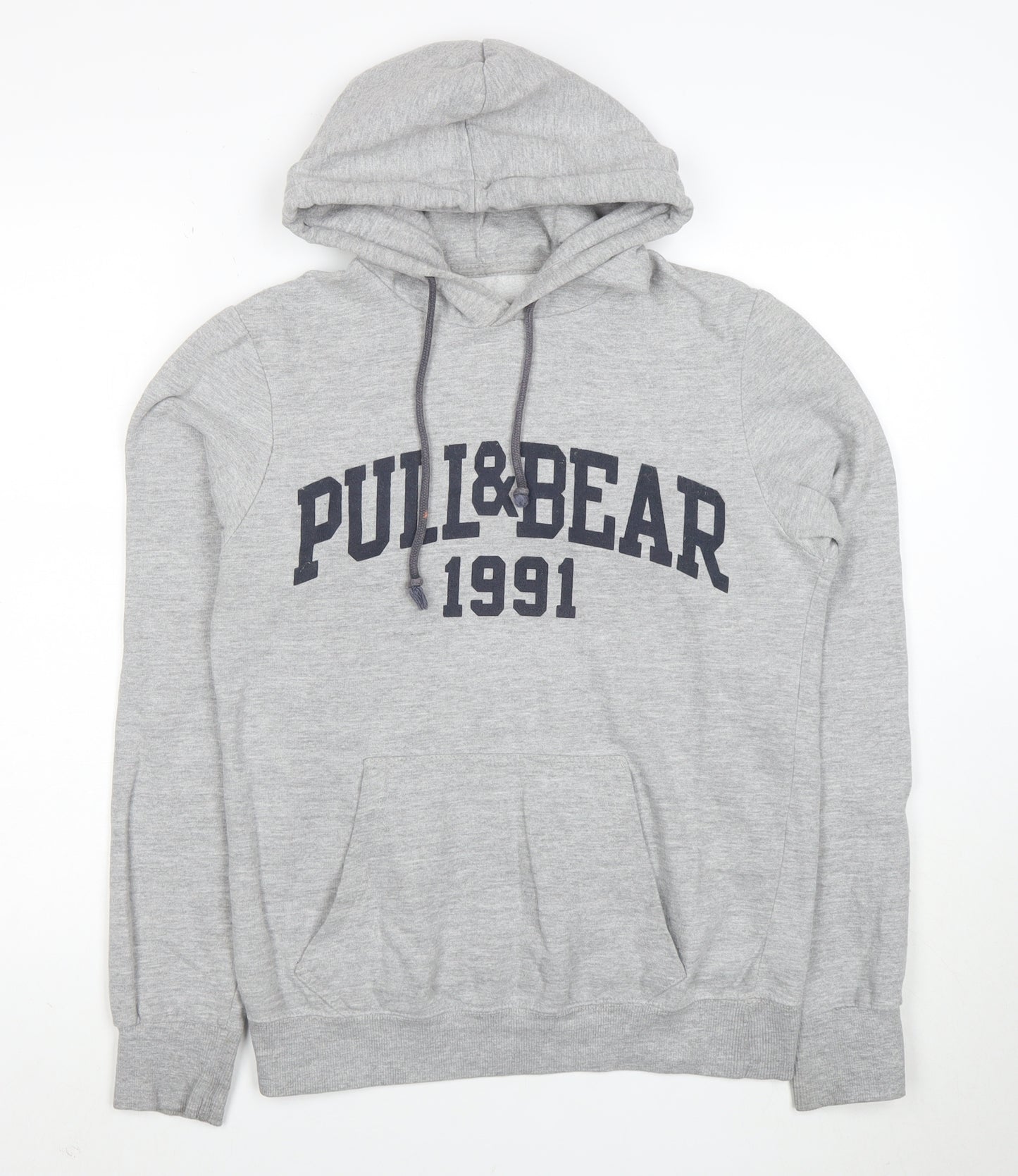 Pull&Bear Men Grey S Pullover Hoodie 1991 Graphic Logo Cotton Blend