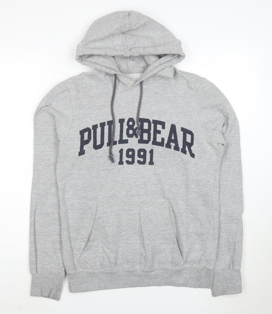 Pull&Bear Men Grey S Pullover Hoodie 1991 Graphic Logo Cotton Blend