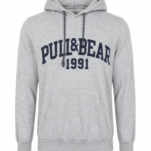 Pull&Bear Men Grey S Pullover Hoodie 1991 Graphic Logo Cotton Blend